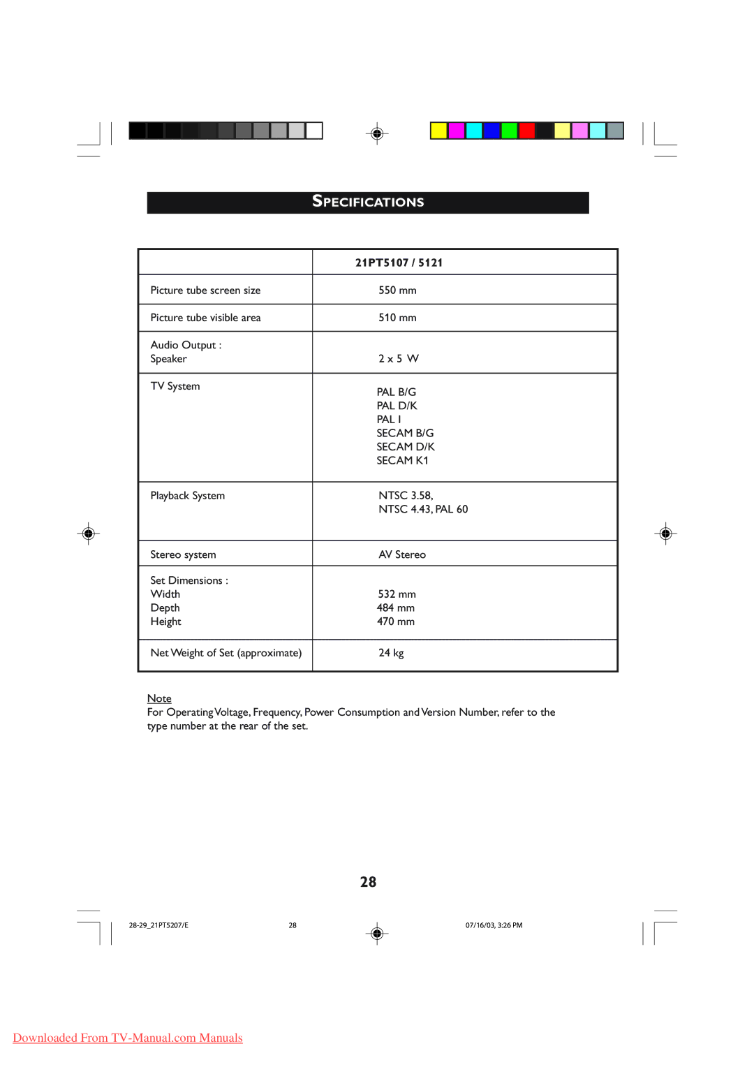 Philips 21PT5107, 21PT5121 operating instructions Specifications 