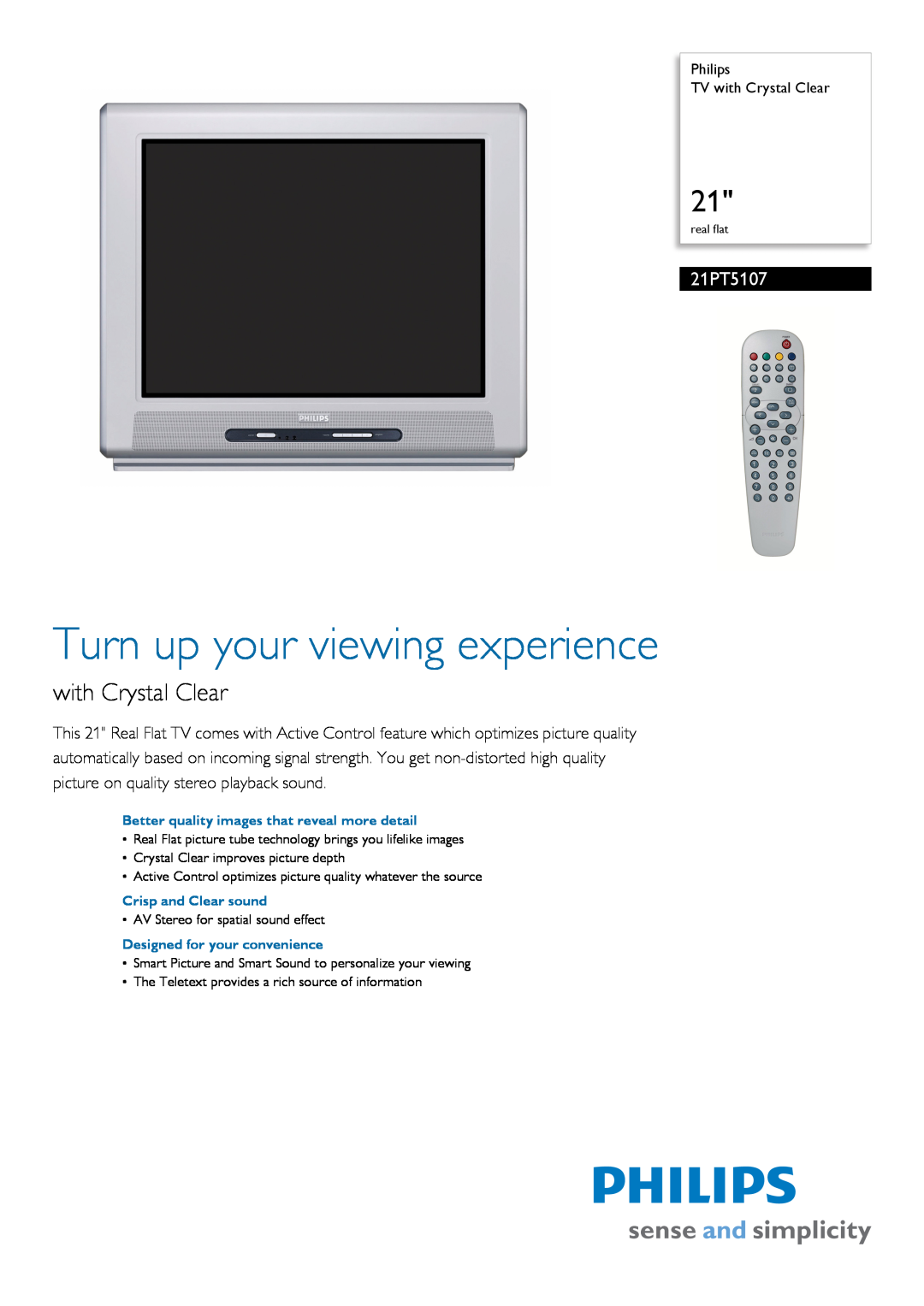Philips 13512832, 21PT5107/60 manual Turn up your viewing experience, with Crystal Clear 