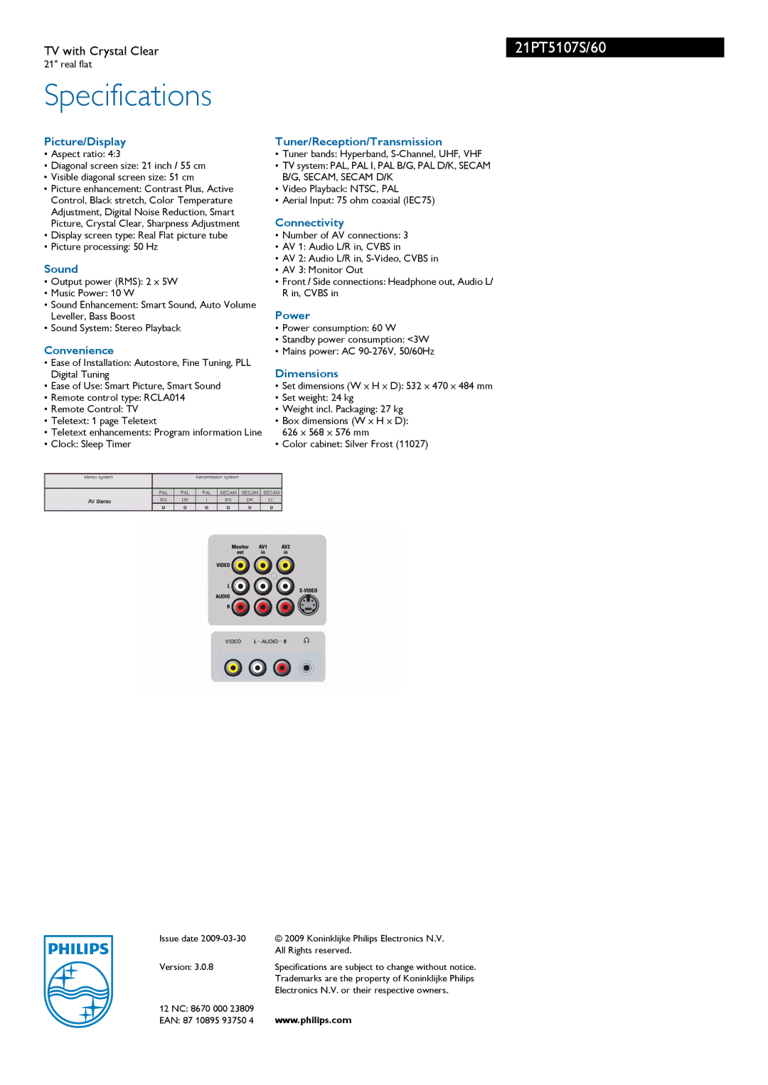 Philips 21PT5107S manual Specifications 