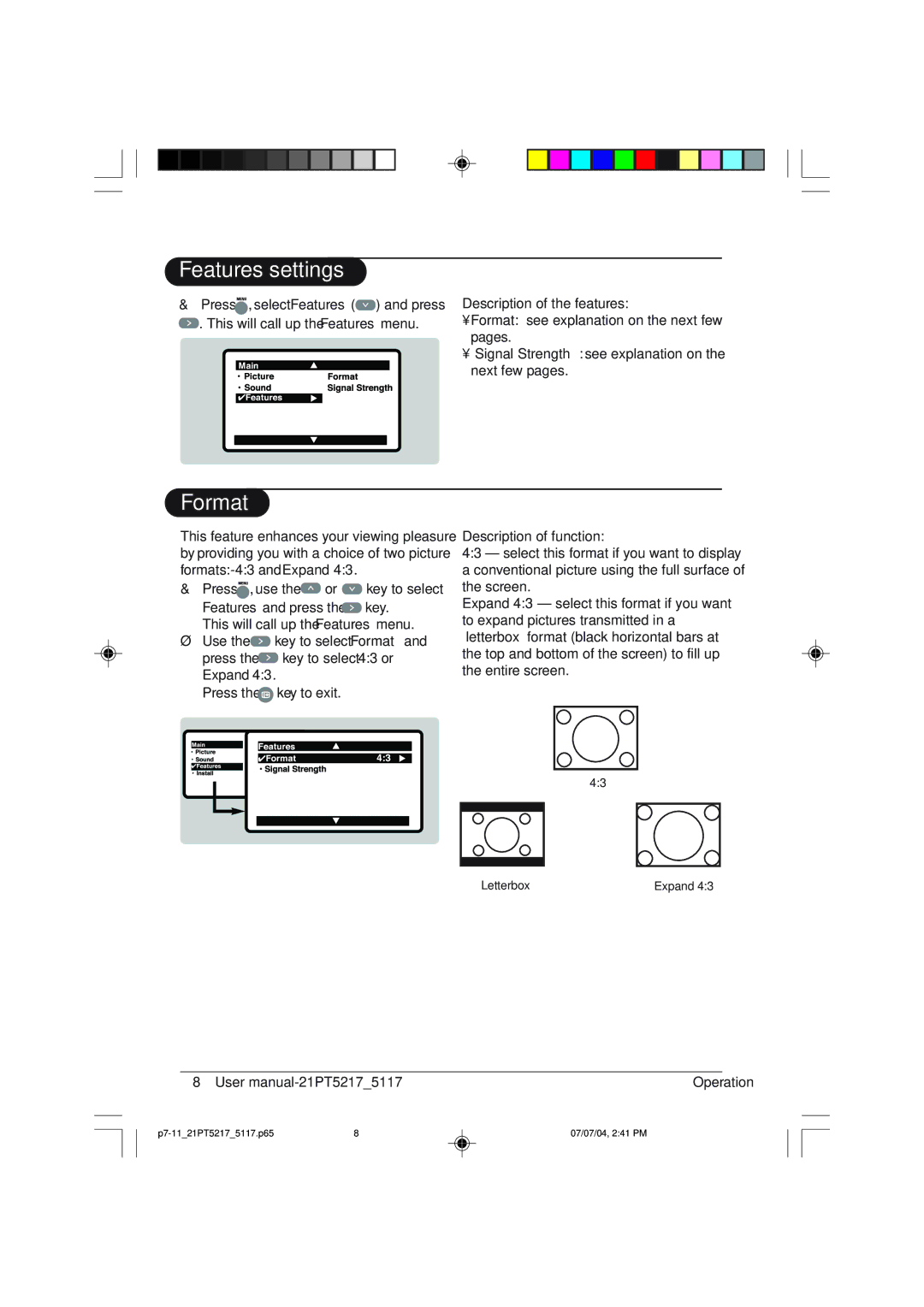 Philips 21PT5217 user manual Features settings, Format, Description of the features, Description of function 