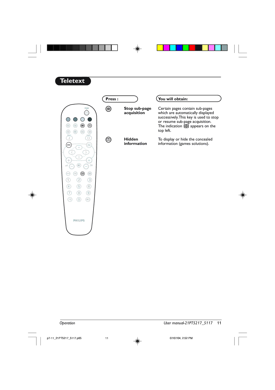 Philips 21PT5217 user manual Press You will obtain Stop sub-page, Acquisition, Hidden, Information 