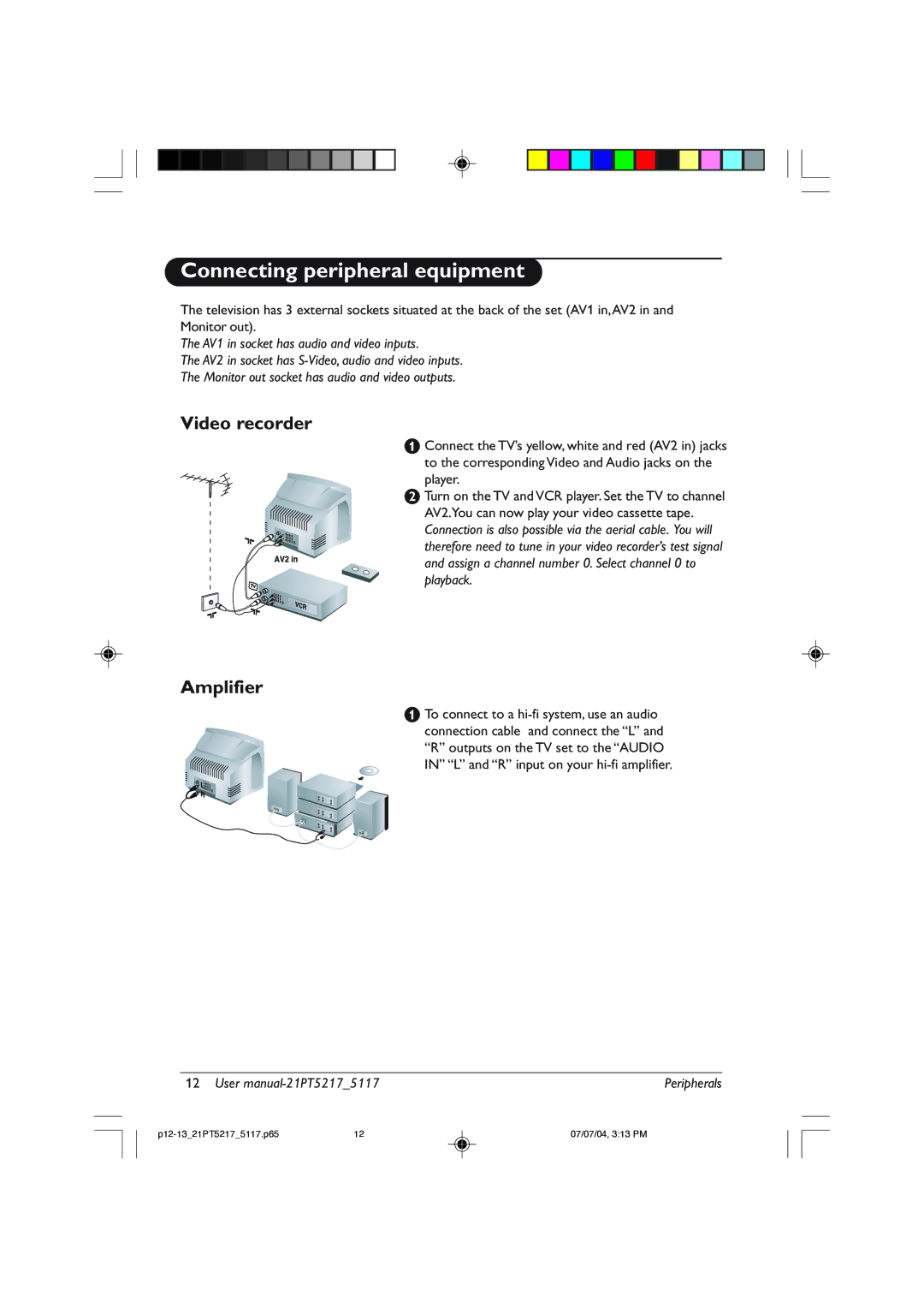 Philips 21PT5217 user manual Connecting peripheral equipment, Video recorder, Amplifier 