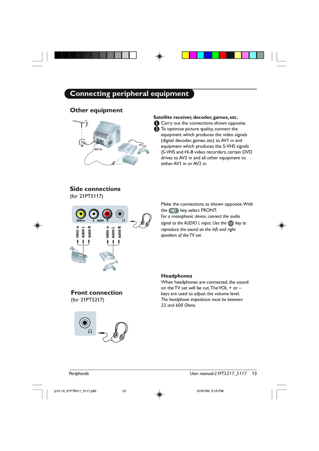 Philips 21PT5217 user manual Other equipment, Side connections, Front connection 