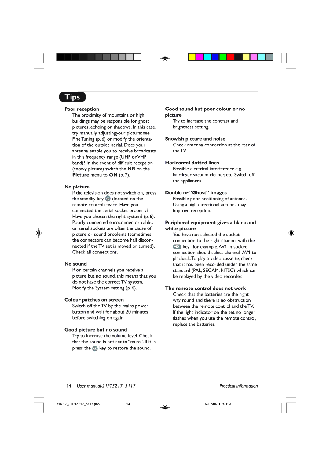 Philips 21PT5217 user manual Tips 