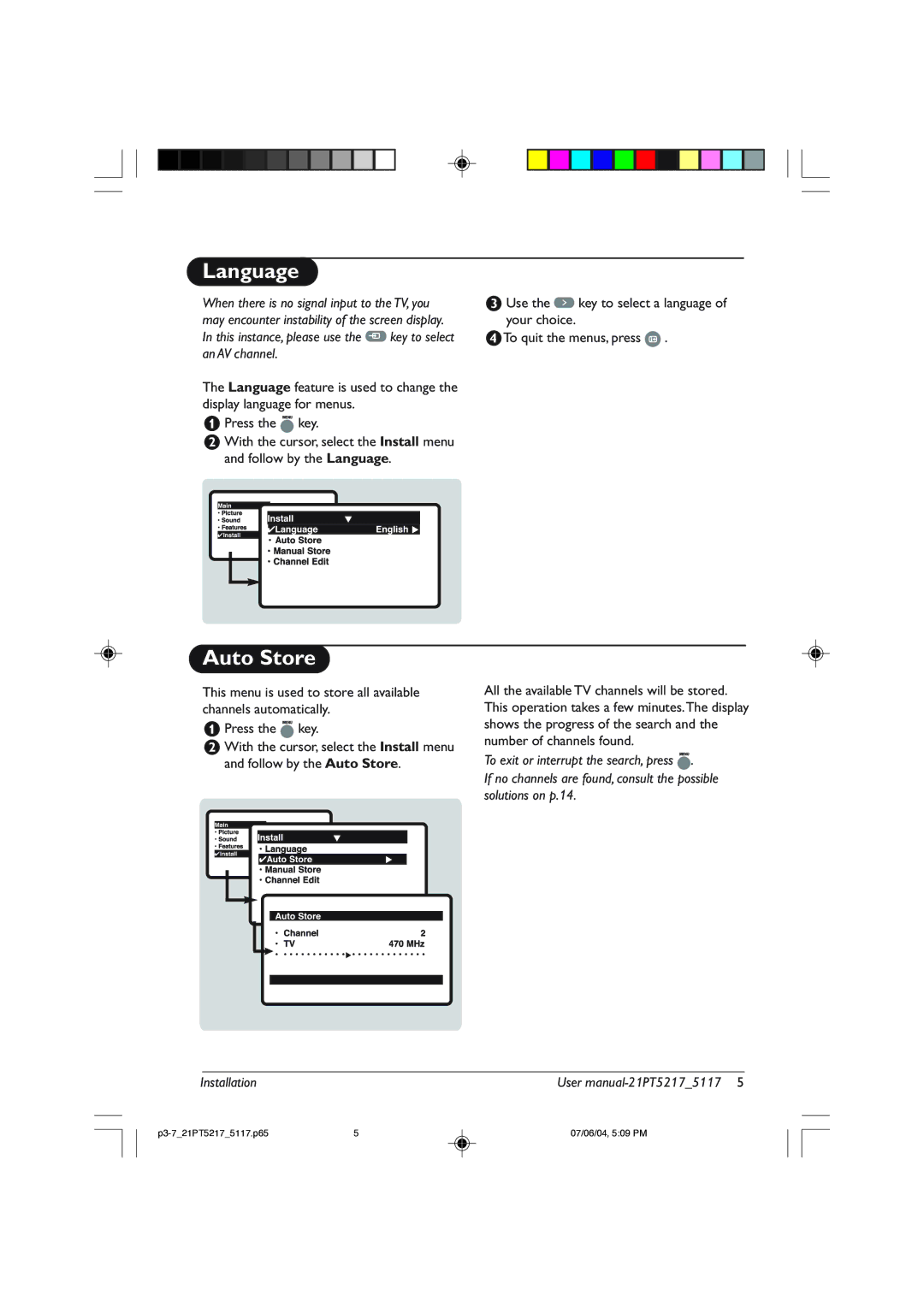 Philips 21PT5217 user manual Language, Auto Store 