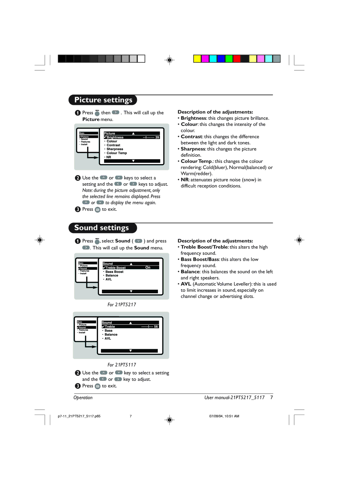 Philips 21PT5217 user manual Picture settings, Sound settings, Description of the adjustments 