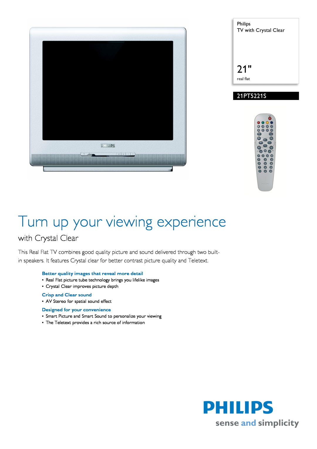 Philips 21PT5221S manual Turn up your viewing experience, with Crystal Clear 