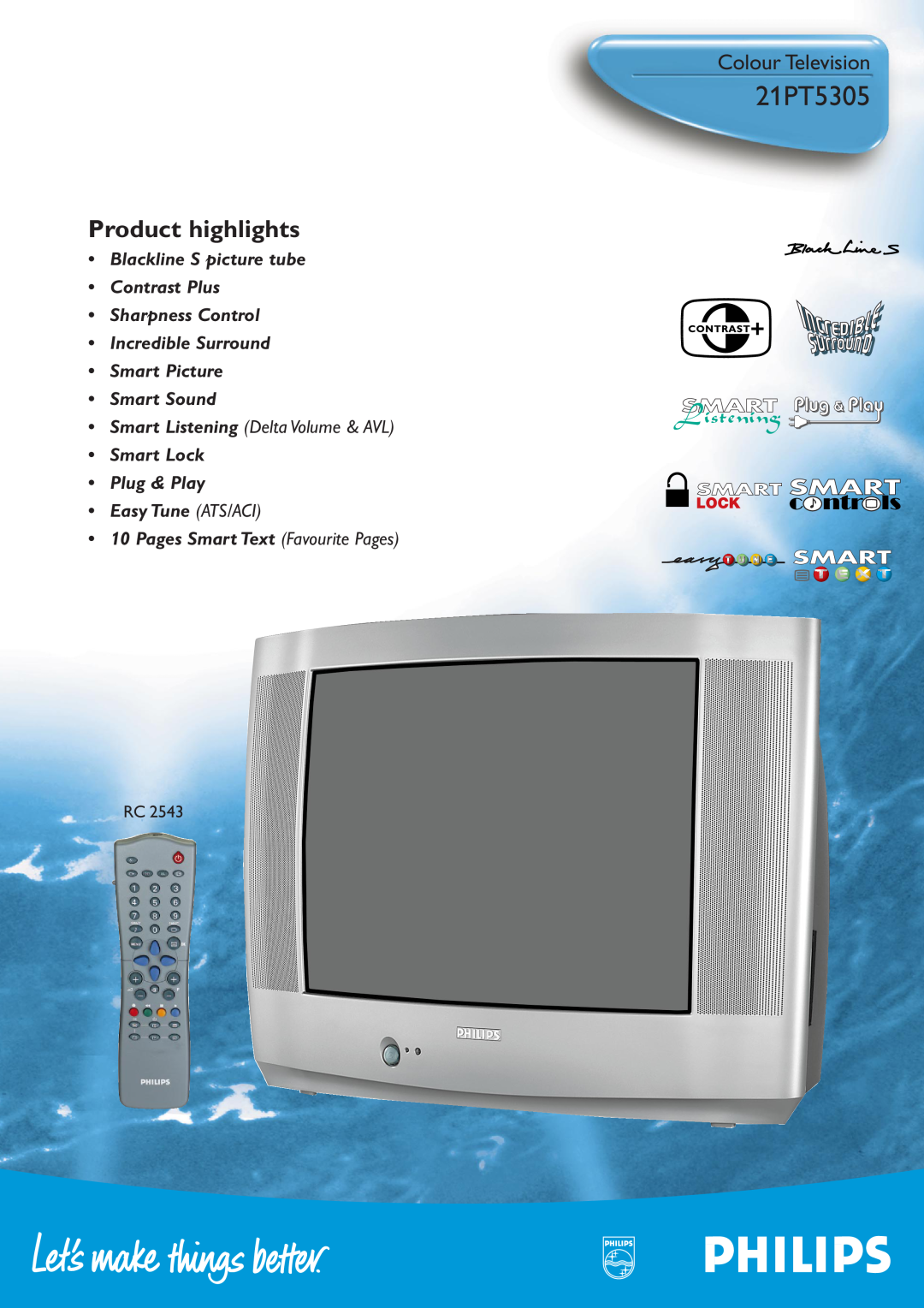 Philips 21PT5305 manual Colour Television, Product highlights, Blackline S picture tube Contrast Plus Sharpness Control 