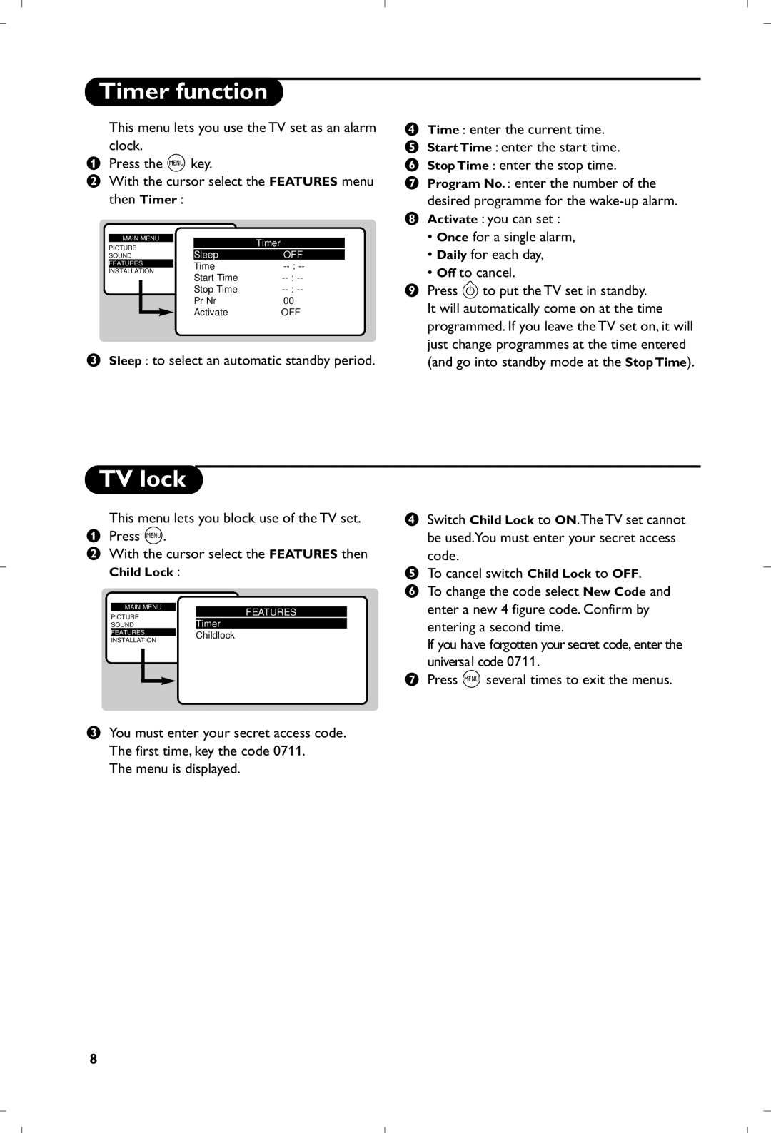 Philips 21PT5401 Timer function, TV lock, Enter a new 4 figure code. Confirm by, Menu is displayed Entering a second time 