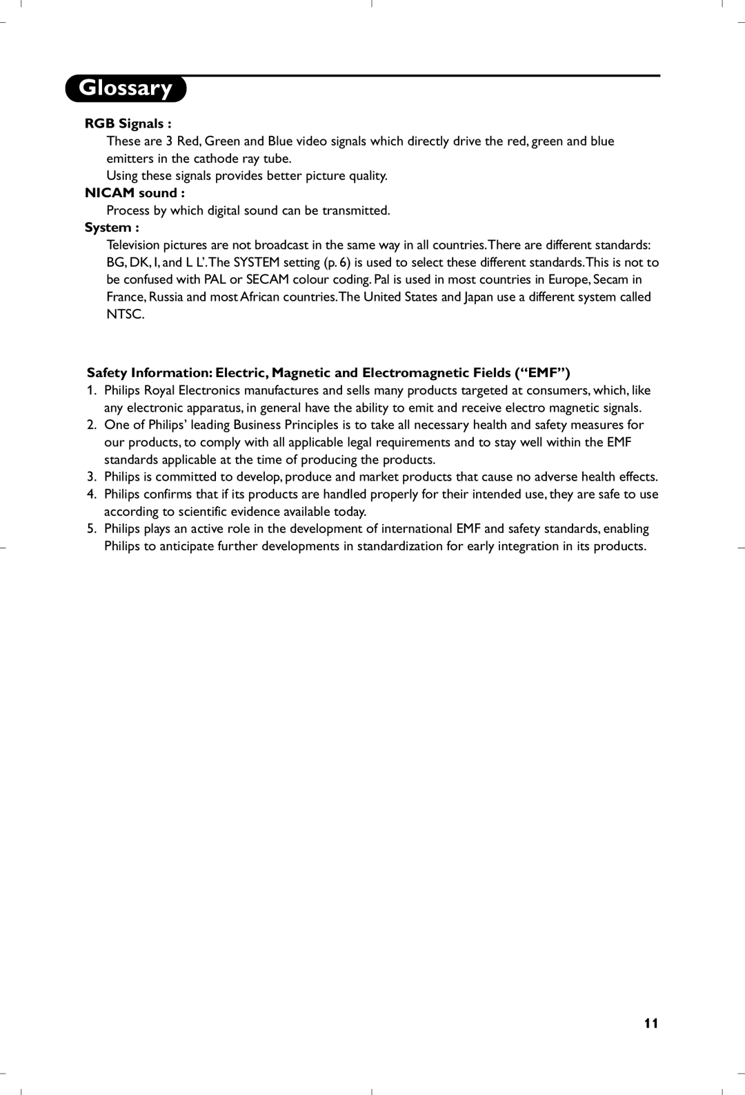 Philips 21PT5401 manual Glossary, RGB Signals, Nicam sound, Process by which digital sound can be transmitted, System 