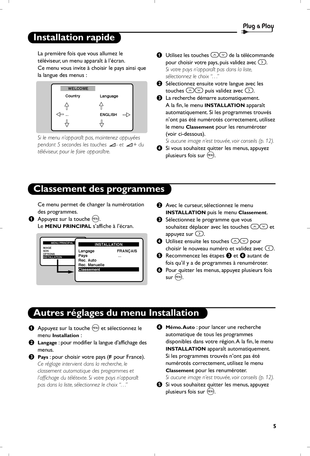 Philips 21PT5401 manual Installation rapide, Classement des programmes, Autres réglages du menu Installation 