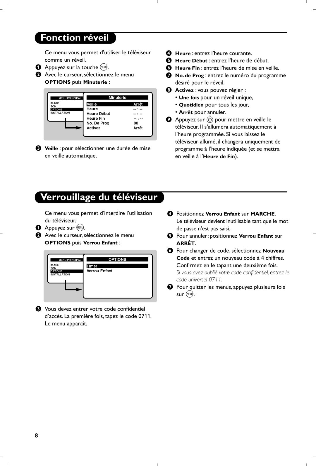 Philips 21PT5401 manual Fonction réveil, Verrouillage du téléviseur, Confirmez en le tapant une deuxième fois 