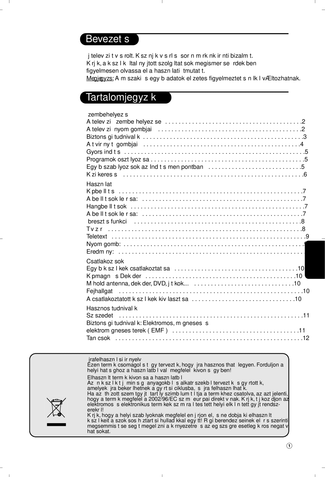 Philips 21PT5401 manual Bevezetés, Tartalomjegyzék 