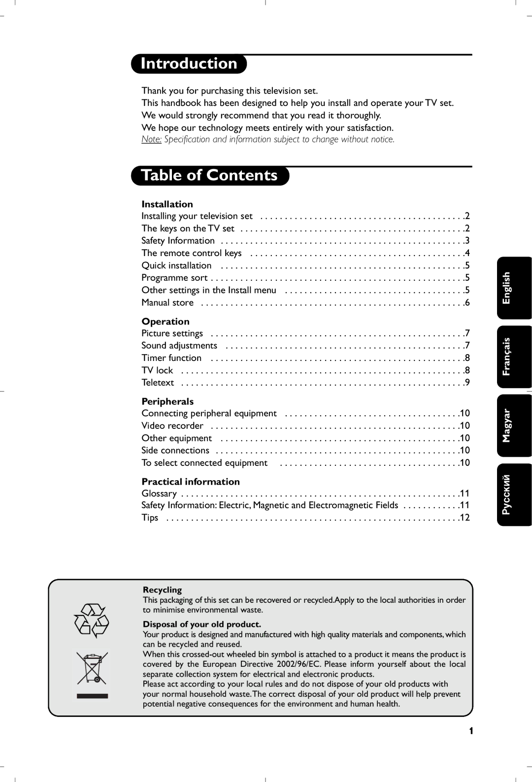 Philips 21PT5401 manual Introduction, Table of Contents 