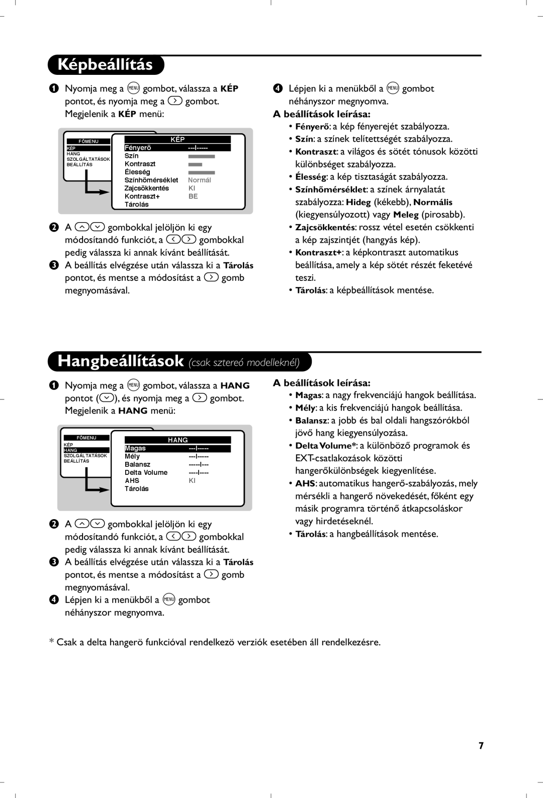 Philips 21PT5401 manual Képbeállítás, Beállítások leírása 