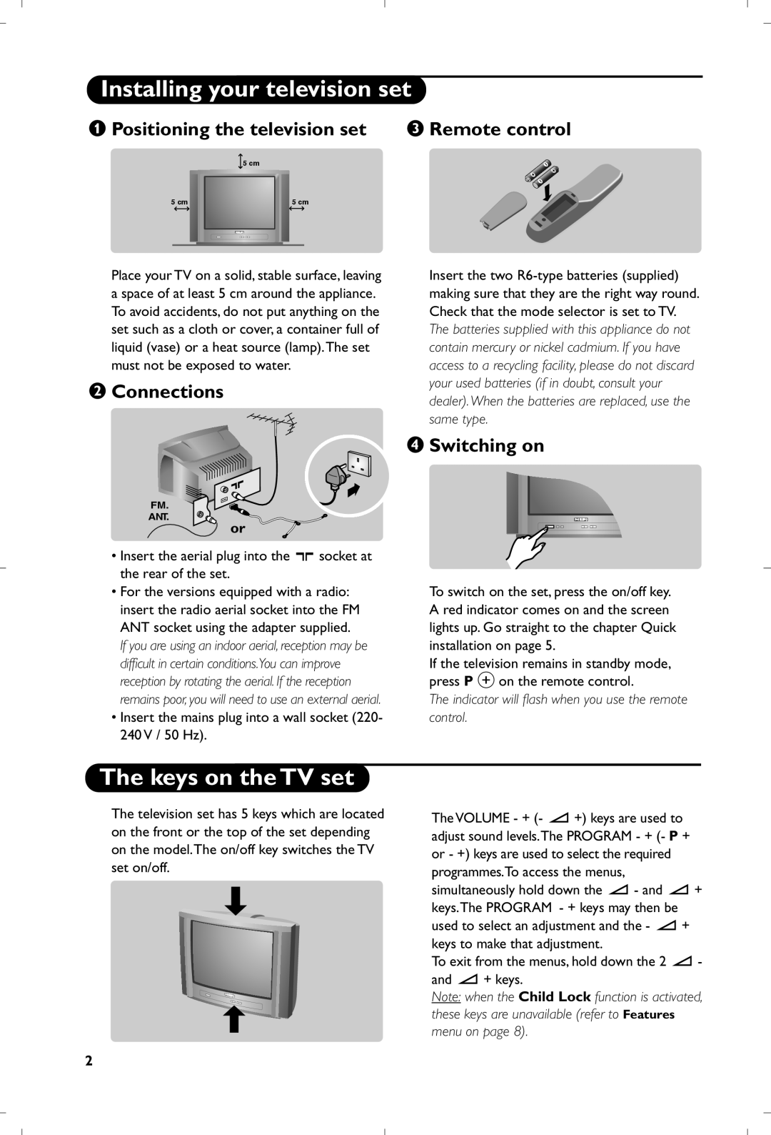 Philips 21PT5401 manual Installing your television set, Keys on the TV set 