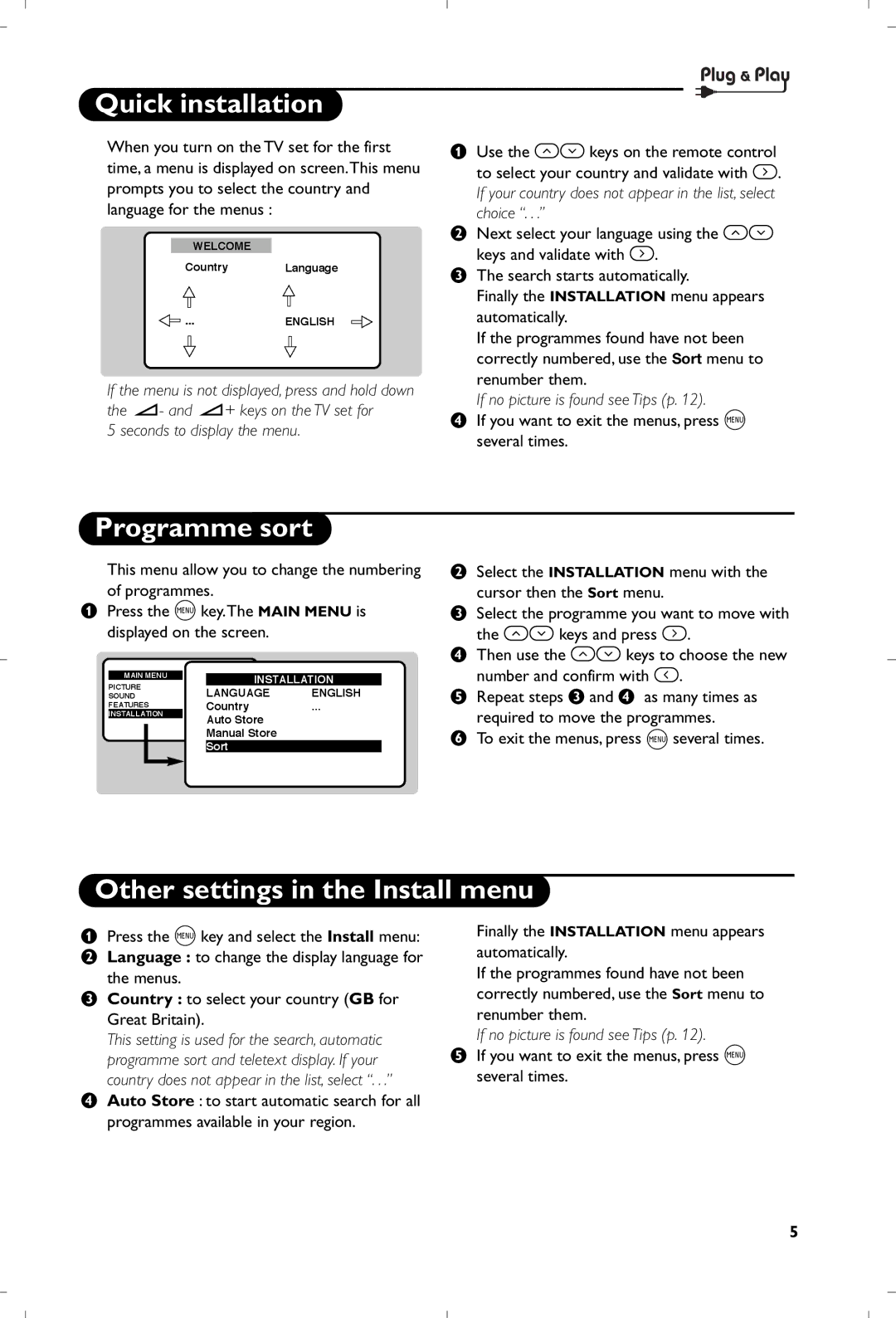 Philips 21PT5401 manual Quick installation, Programme sort, Other settings in the Install menu 