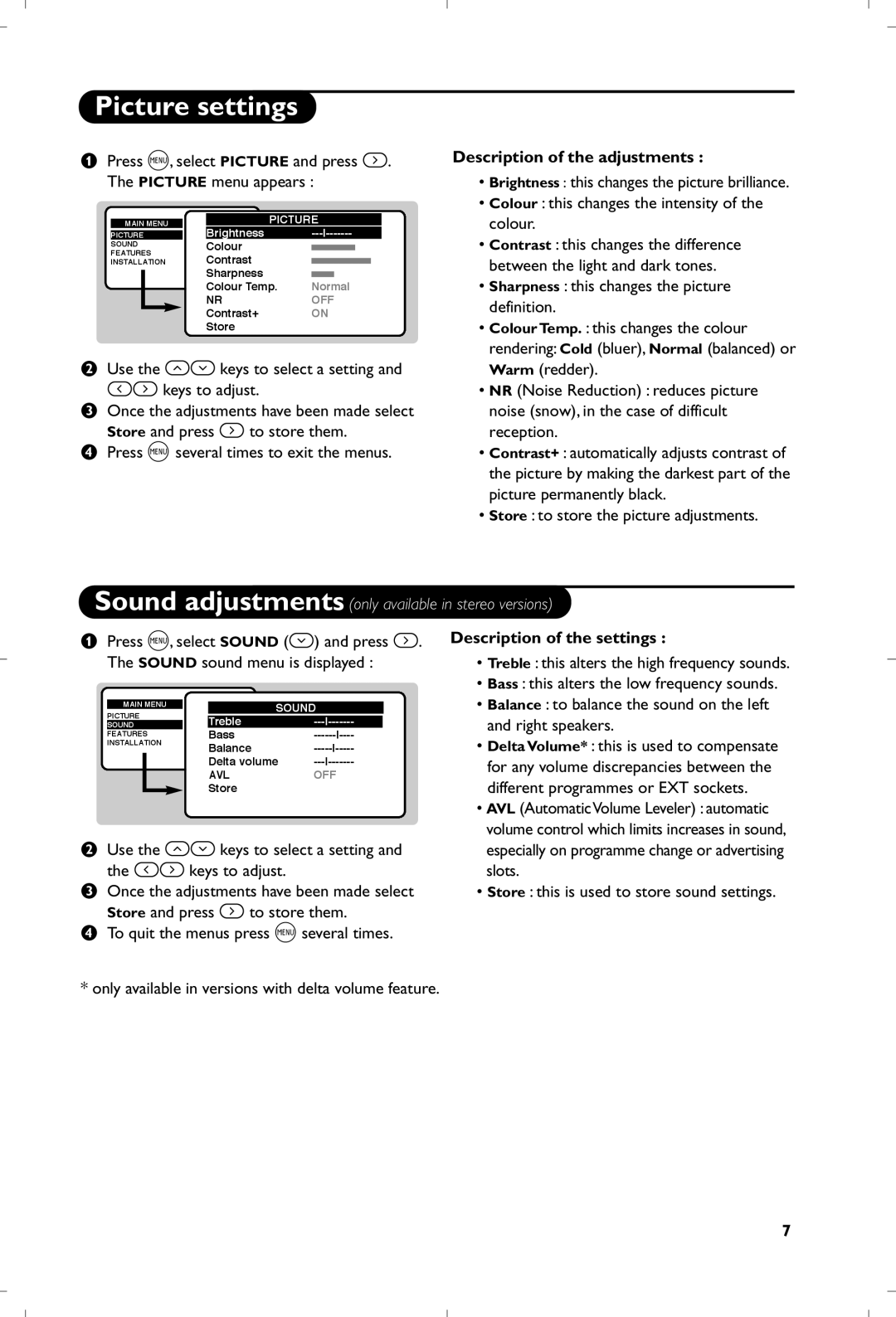 Philips 21PT5401 manual Picture settings, Description of the adjustments, Description of the settings 