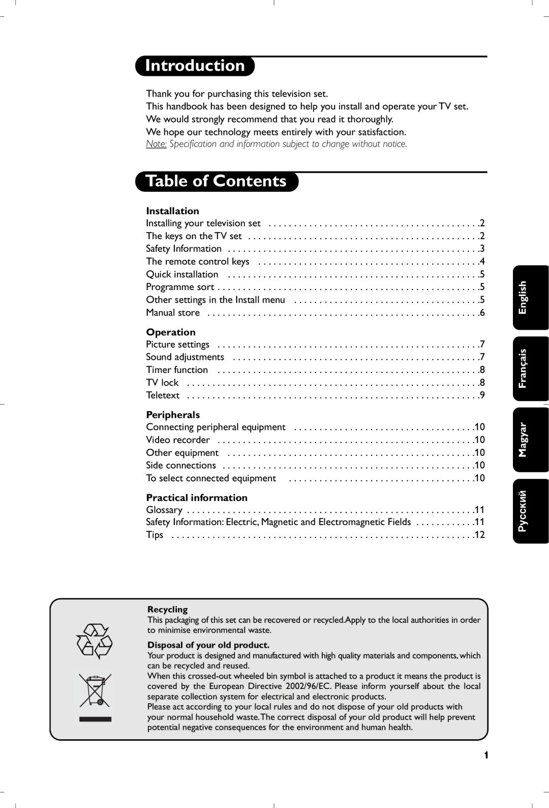 Philips 21PT5401/01 manual Introduction, Table of Contents 