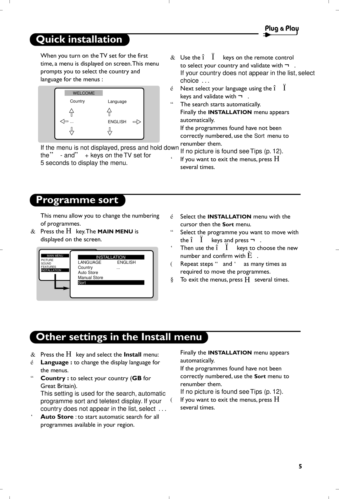 Philips 21PT5401/01 manual Quick installation, Programme sort, Other settings in the Install menu 