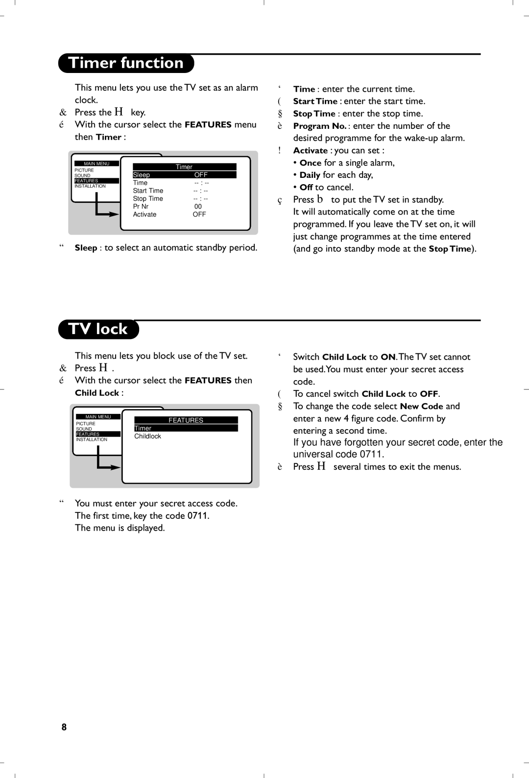 Philips 21PT5401/01 manual Timer function, TV lock, Enter a new 4 figure code. Confirm by 