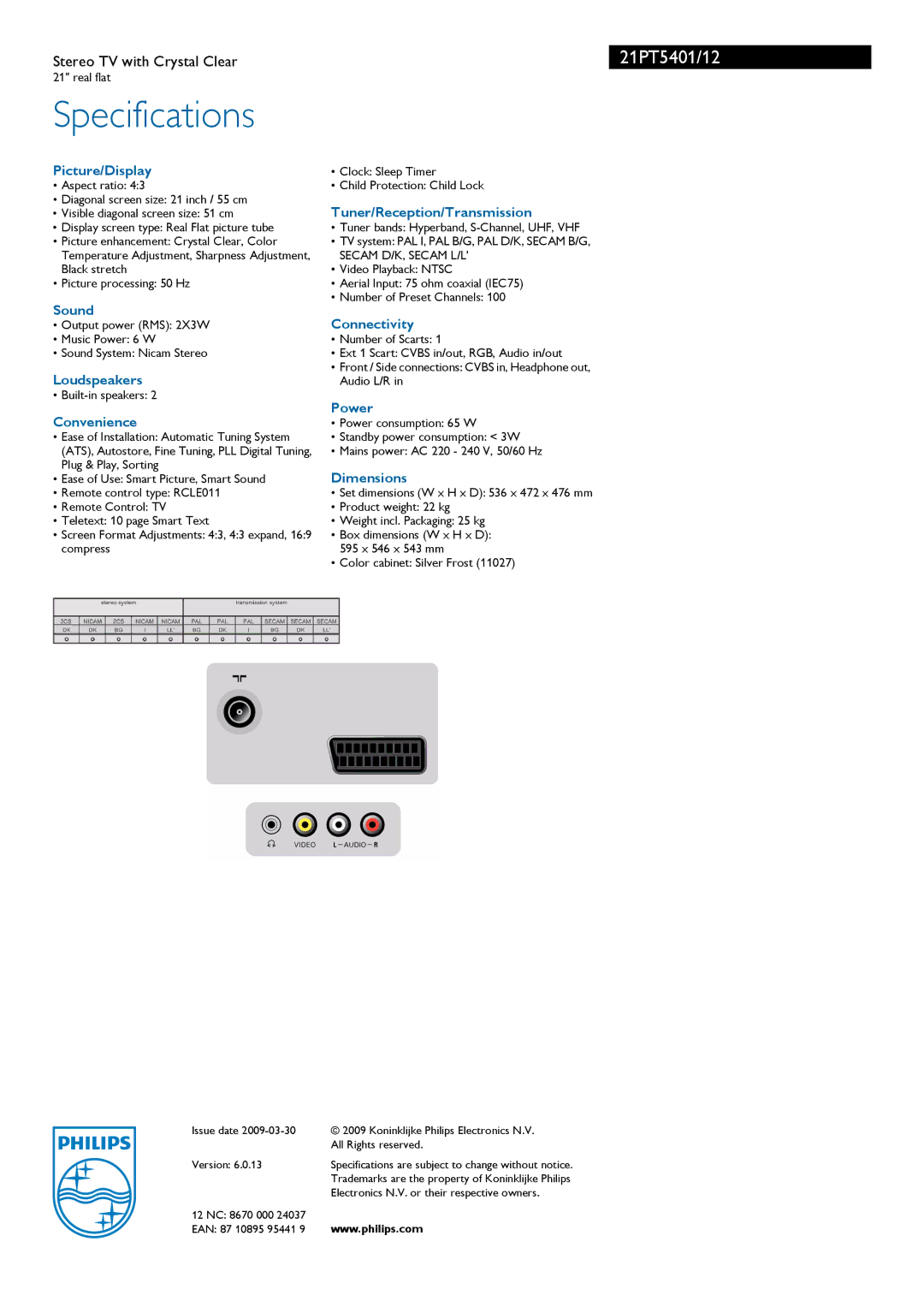 Philips 21PT5401/12 manual Specifications 