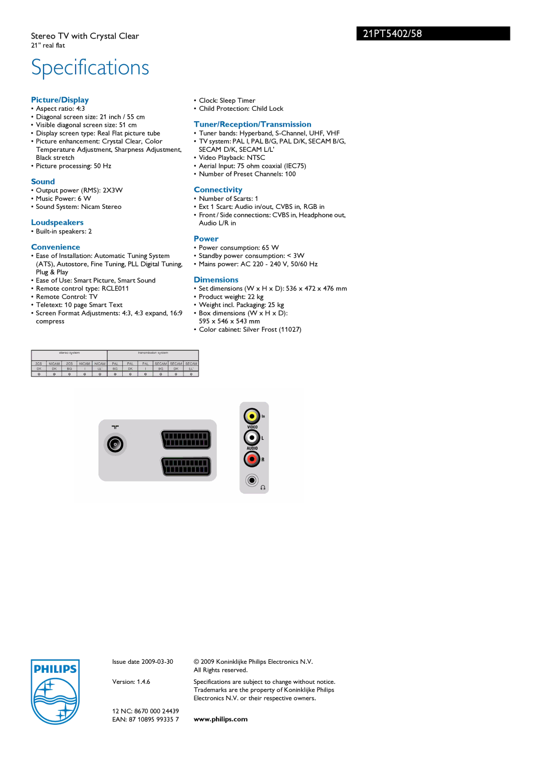 Philips 21PT5402/58 manual Specifications 