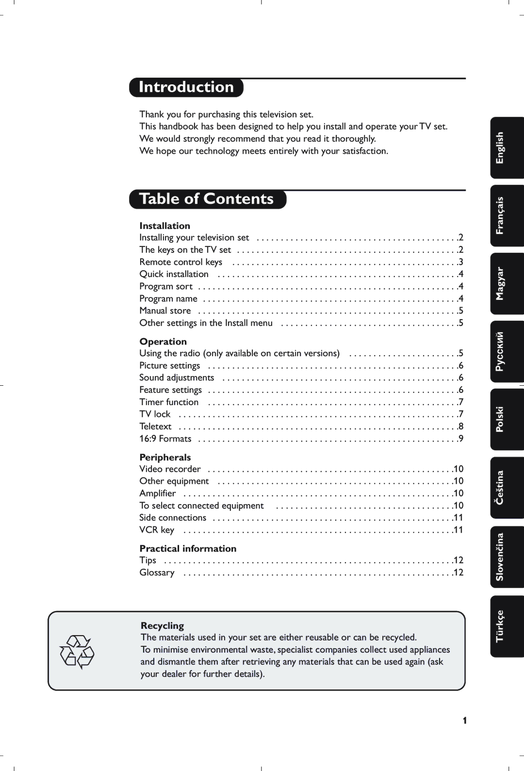 Philips 21PT5408/01 manual Introduction, Table of Contents 