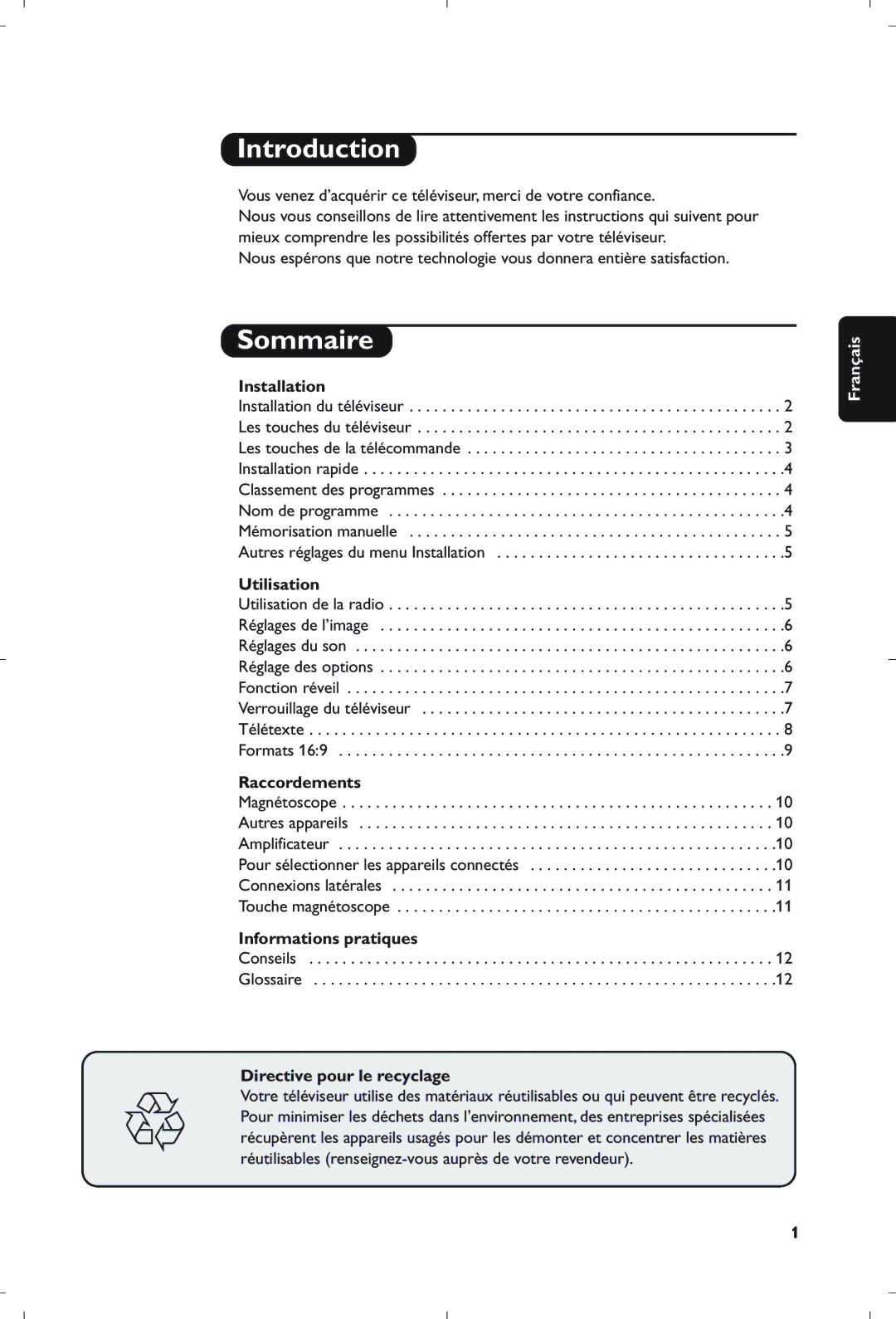 Philips 21PT5408/01 manual Sommaire, Utilisation, Raccordements, Informations pratiques, Directive pour le recyclage 