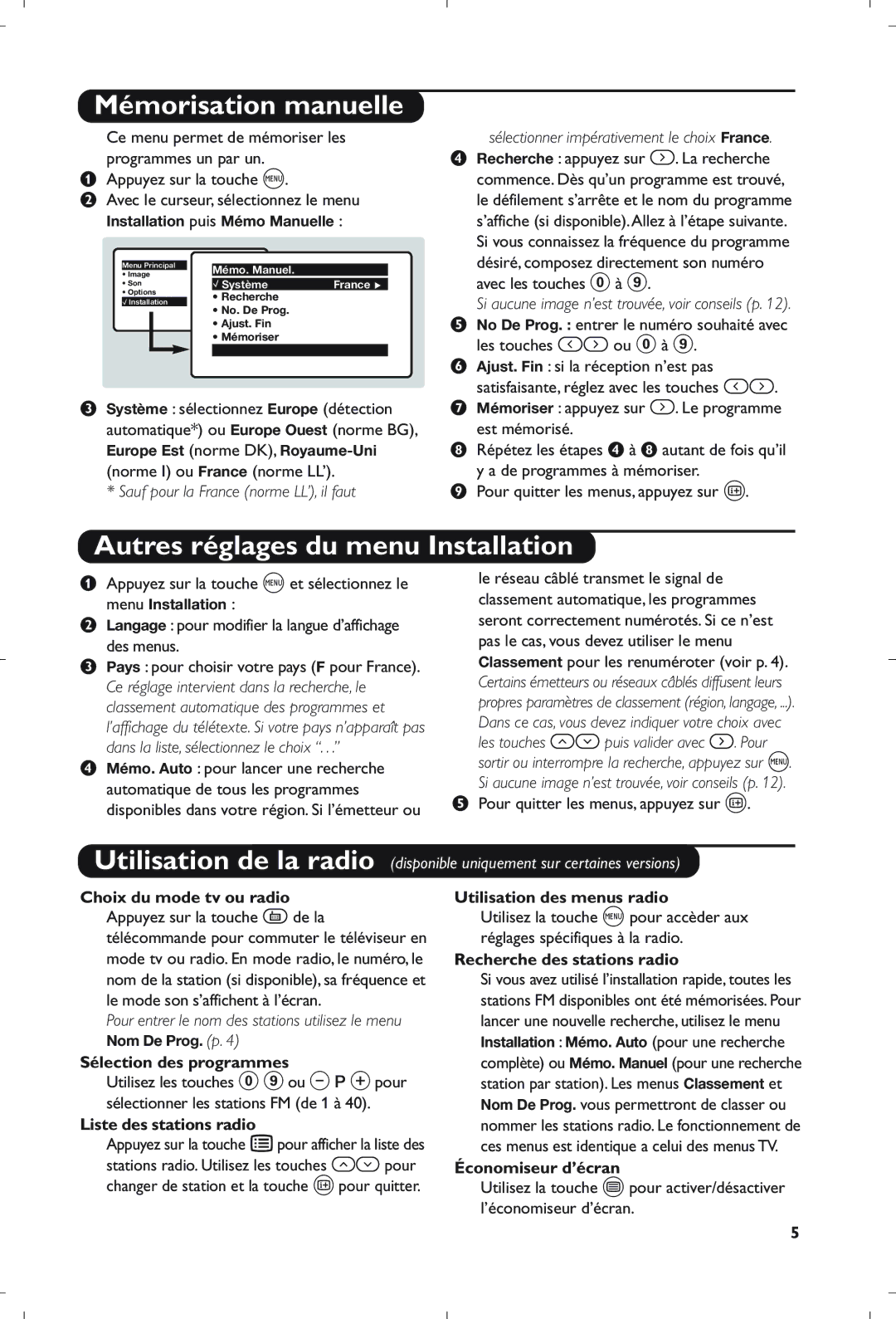 Philips 21PT5408/01 manual Mémorisation manuelle, Autres réglages du menu Installation 