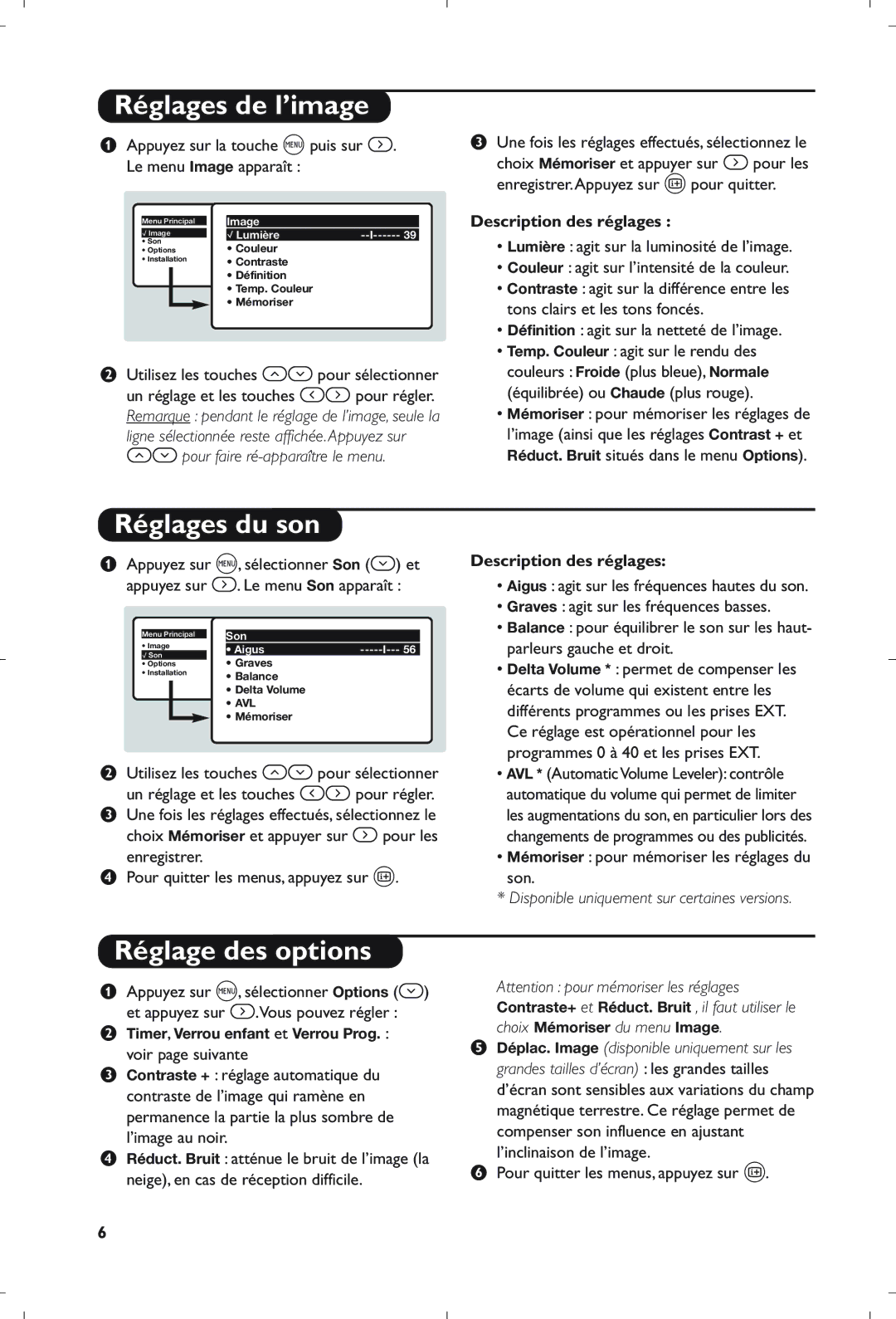 Philips 21PT5408/01 manual Réglages de l’image, Réglages du son, Réglage des options, Description des réglages 