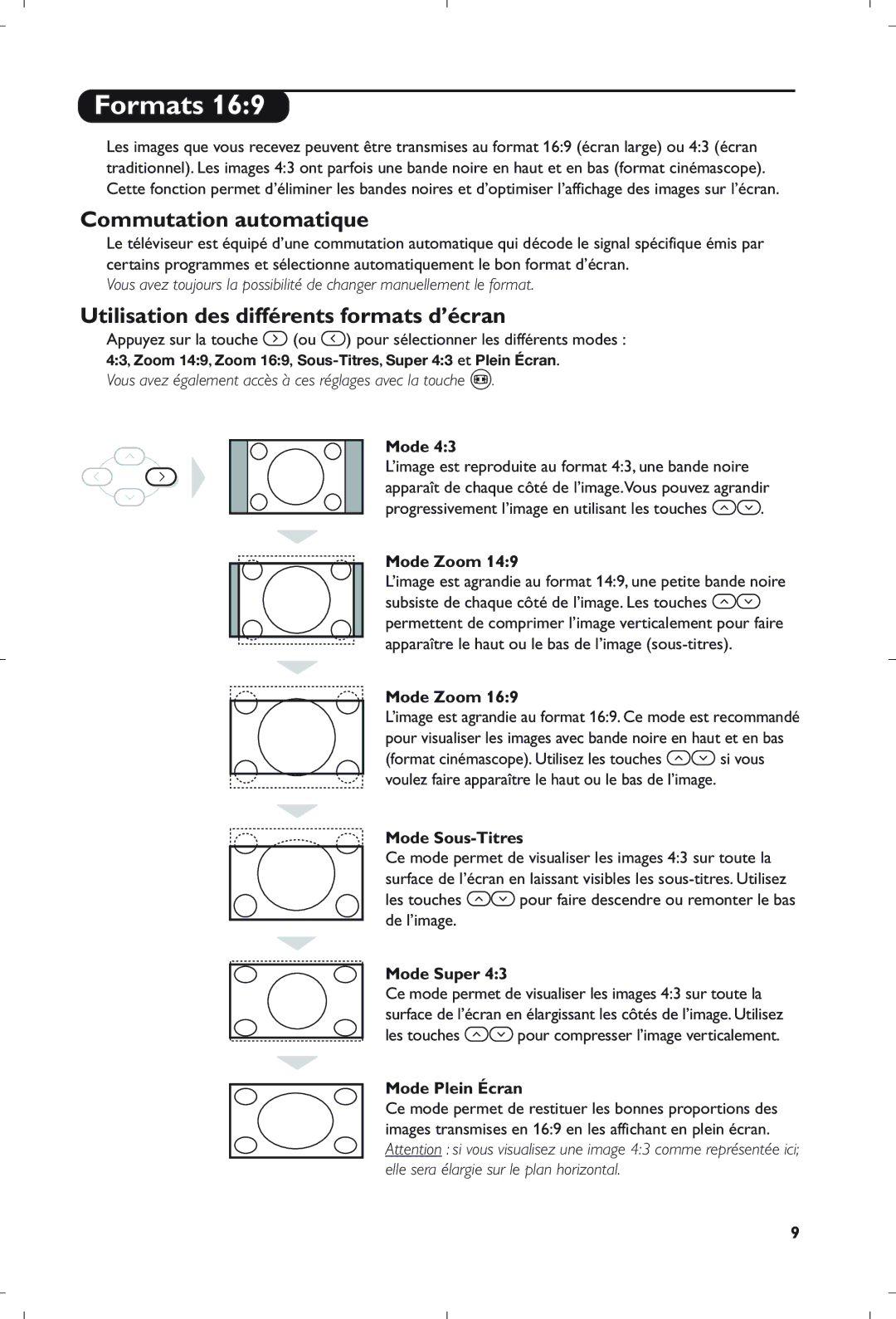 Philips 21PT5408/01 manual Commutation automatique, Utilisation des différents formats d’écran 