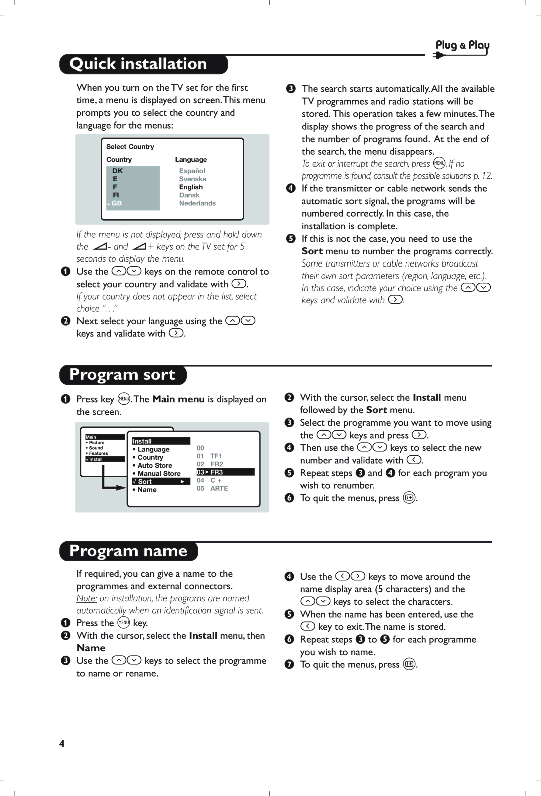 Philips 21PT5408/01 manual Quick installation, Program sort, Program name, Name 