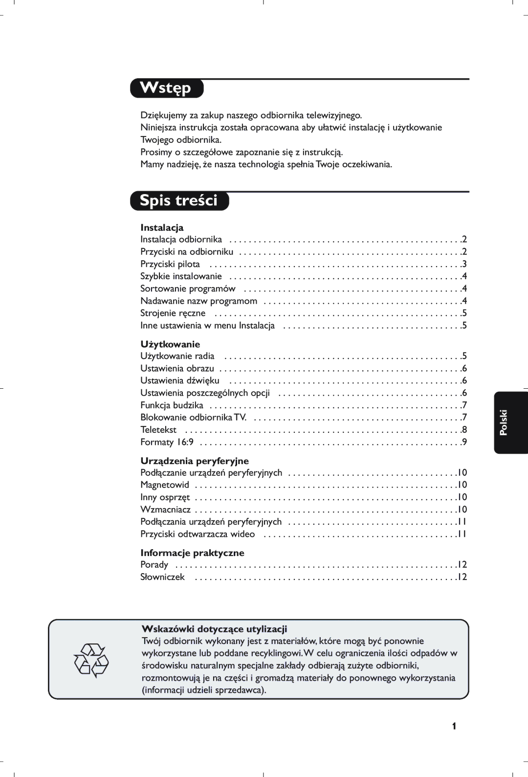 Philips 21PT5408/01 manual Wstęp, Spis treści 