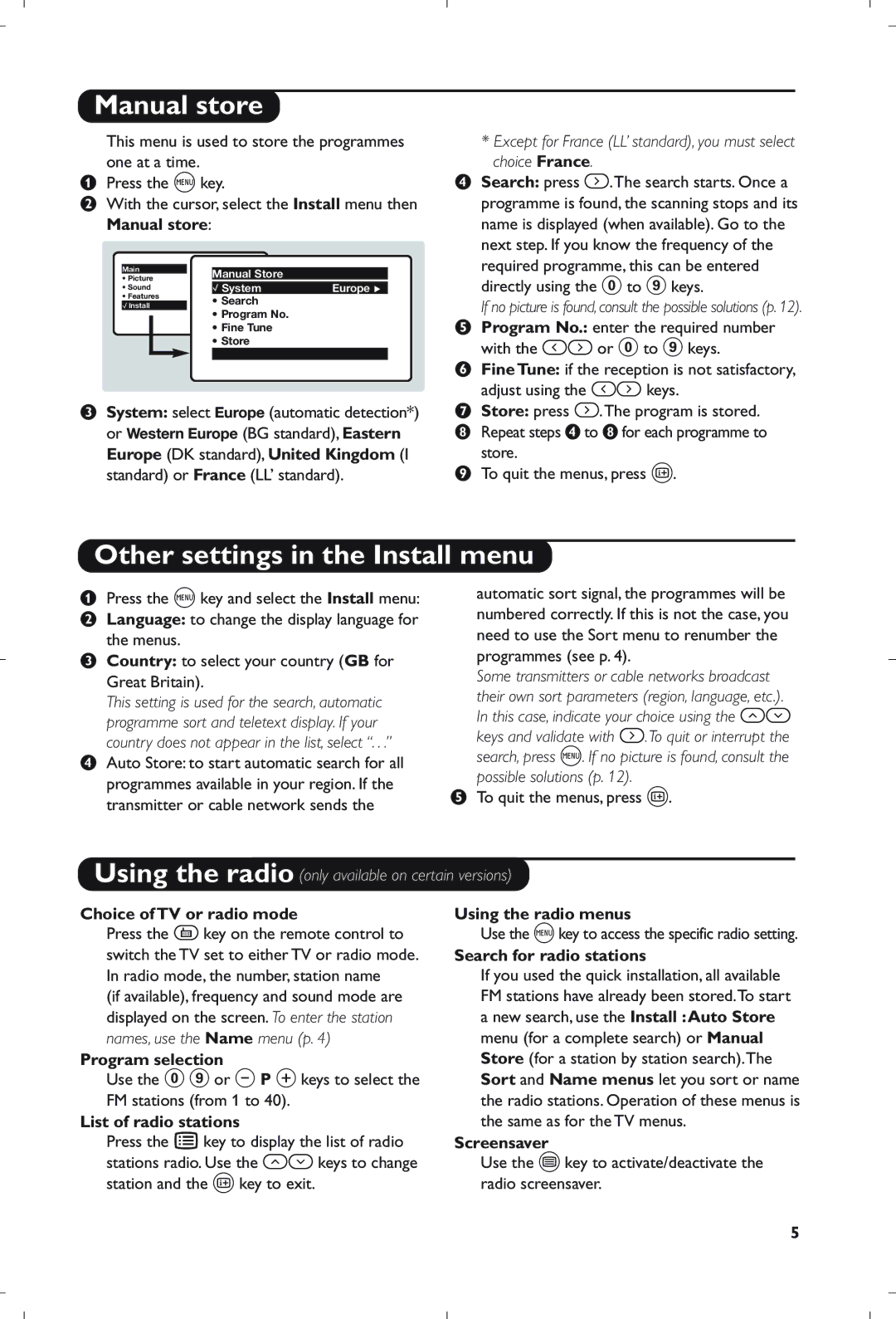 Philips 21PT5408/01 manual Manual store, Other settings in the Install menu 