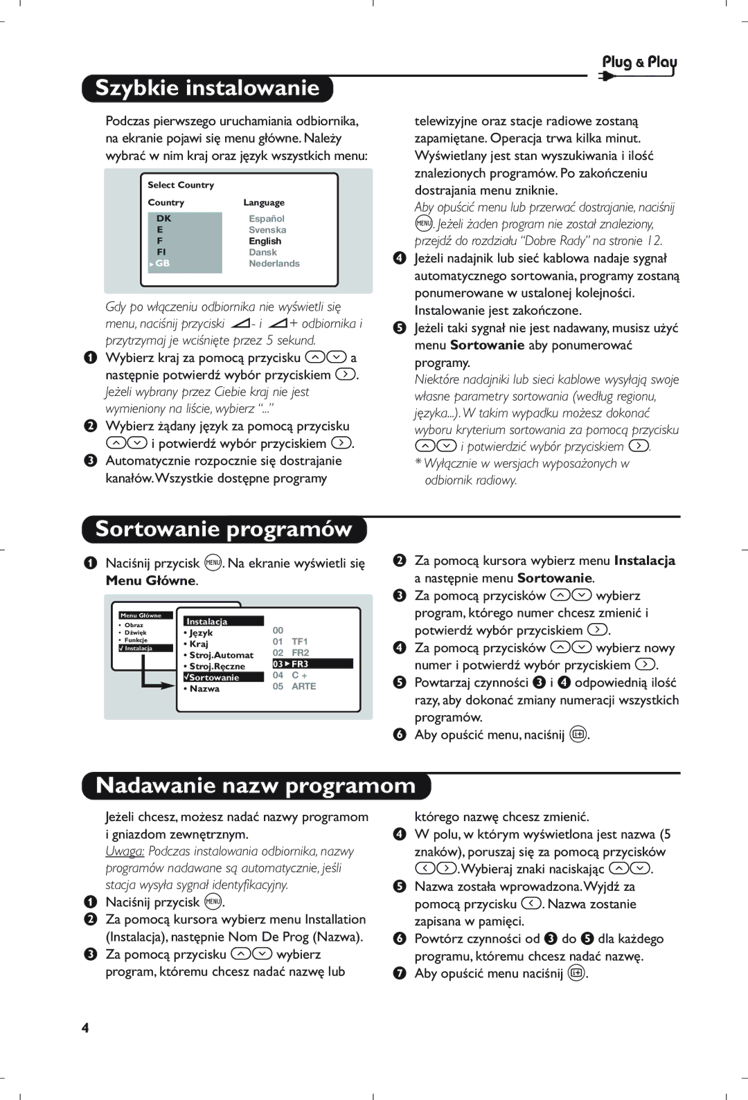 Philips 21PT5408/01 manual Szybkie instalowanie, Sortowanie programów, Nadawanie nazw programom 