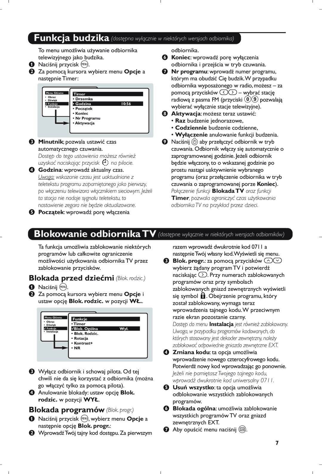 Philips 21PT5408/01 Blokada przed dziećmi Blok. rodzic, Blokada programów Blok. progr, Wprowadź dwukrotnie kod uniwersalny 