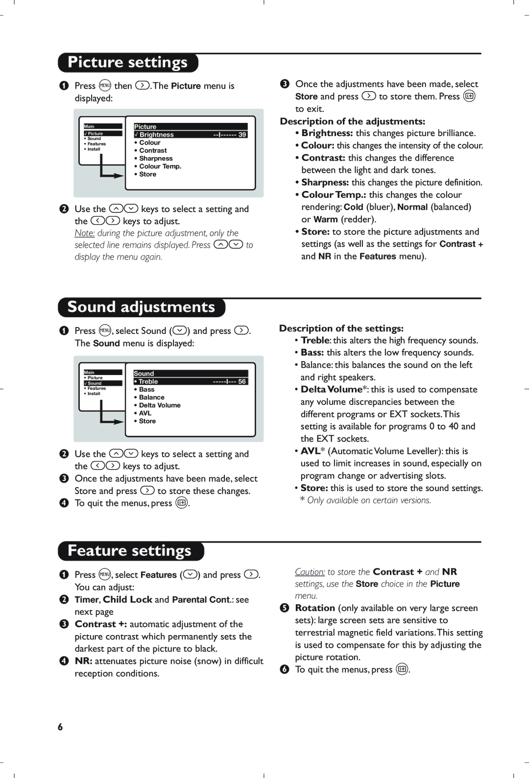 Philips 21PT5408/01 manual Picture settings, Sound adjustments, Feature settings, Description of the adjustments 