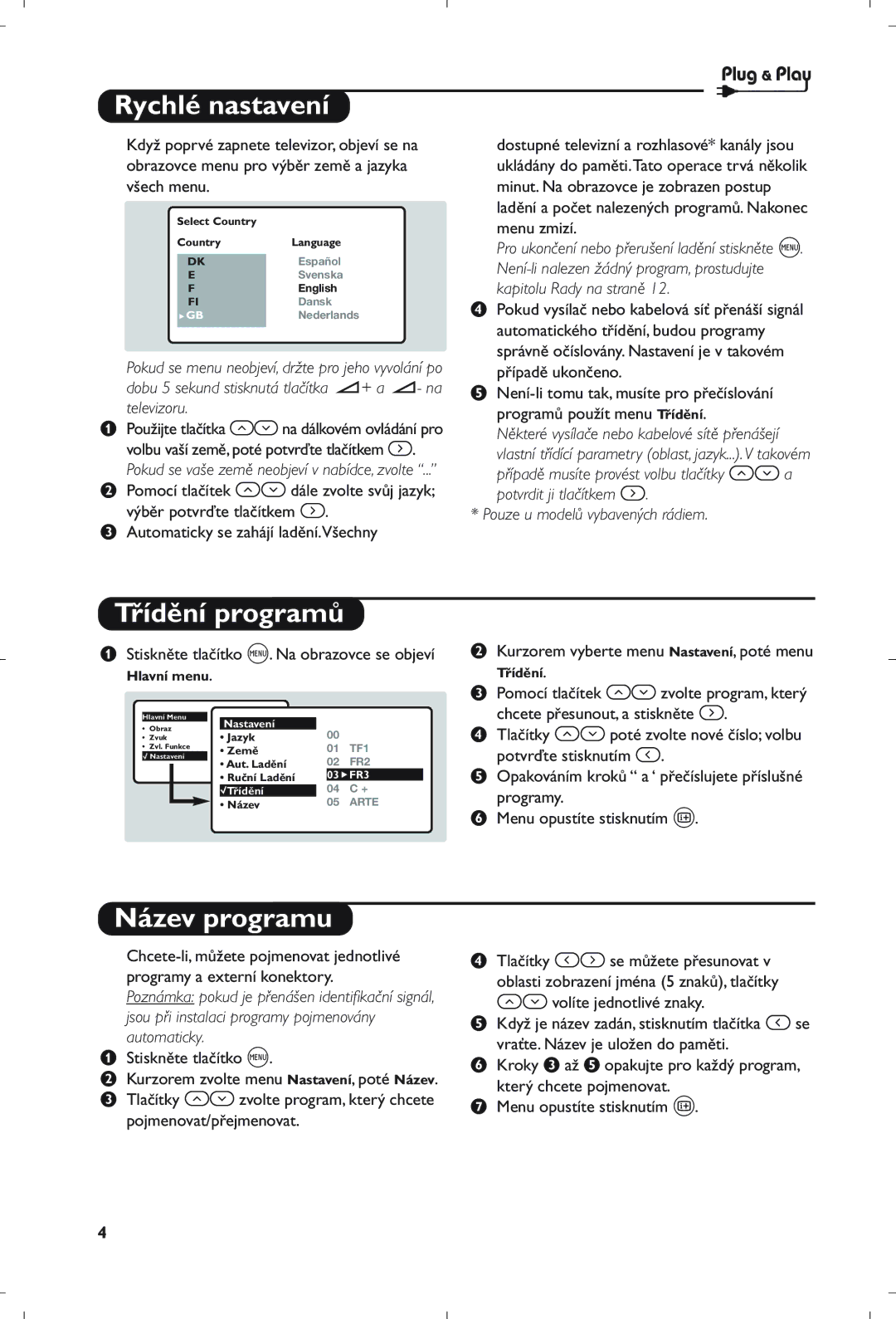 Philips 21PT5408/01 manual Rychlé nastavení, Třídění programů, Název programu 