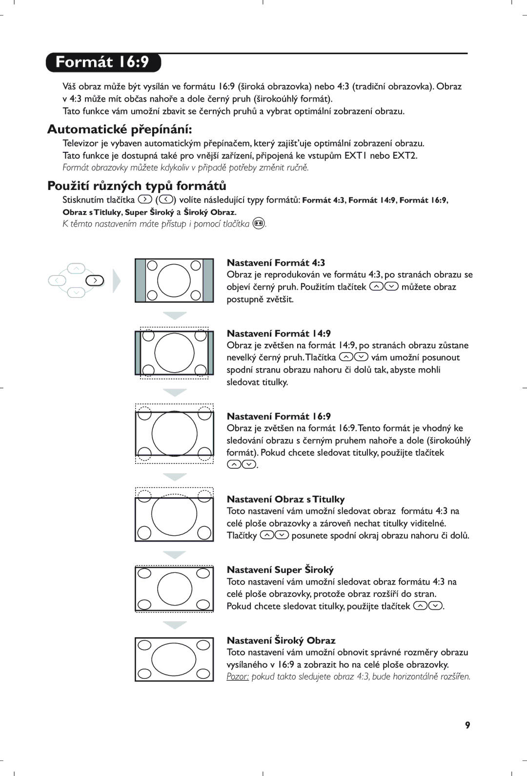 Philips 21PT5408/01 manual Formát, Automatické přepínání, Použití různých typů formátů 