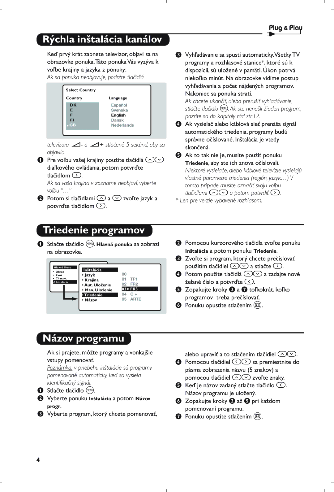 Philips 21PT5408/01 manual Rýchla inštalácia kanálov, Triedenie programov, Názov programu 