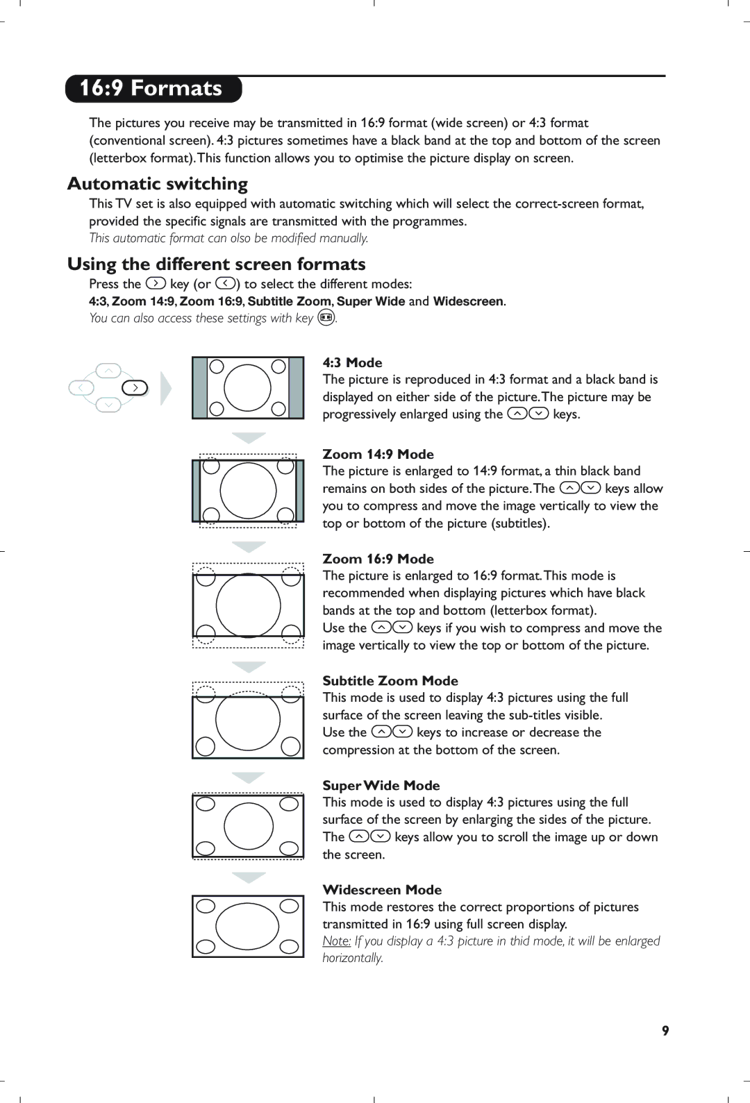 Philips 21PT5408/01 manual Formats, Automatic switching, Using the different screen formats 