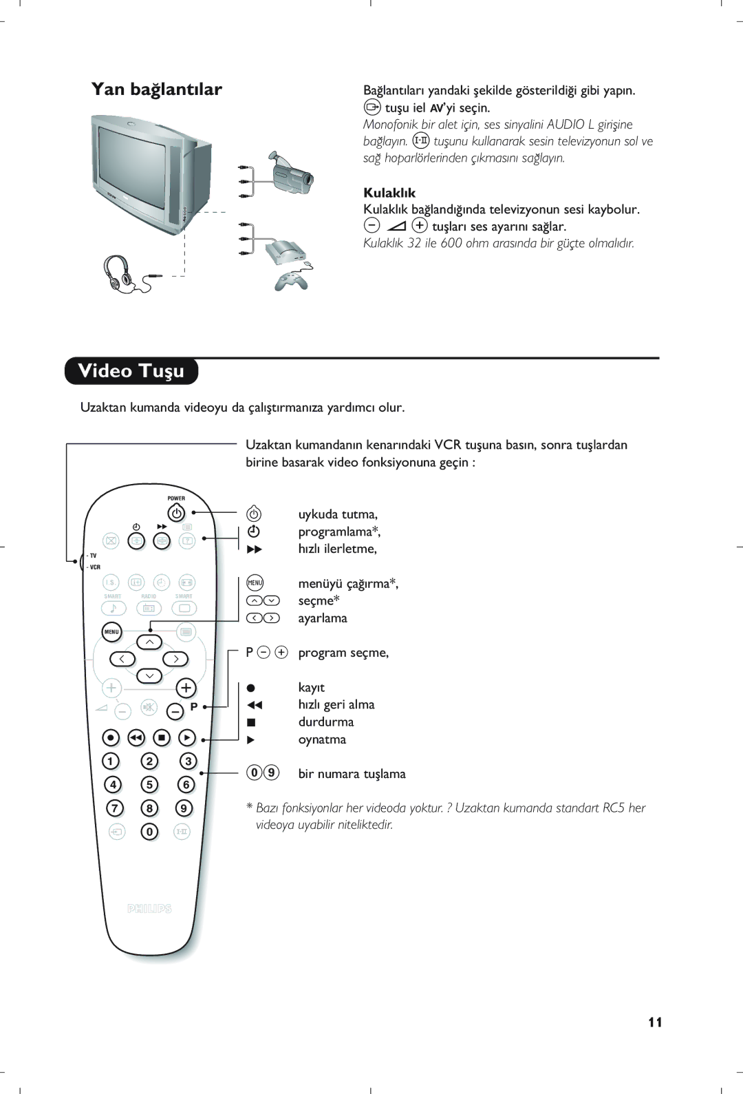 Philips 21PT5408/01 manual Video Tuﬂu, Tuﬂu iel AV’yi seçin, Sa¤ hoparlörlerinden ç›kmas›n› sa¤lay›n, Kulakl›k 