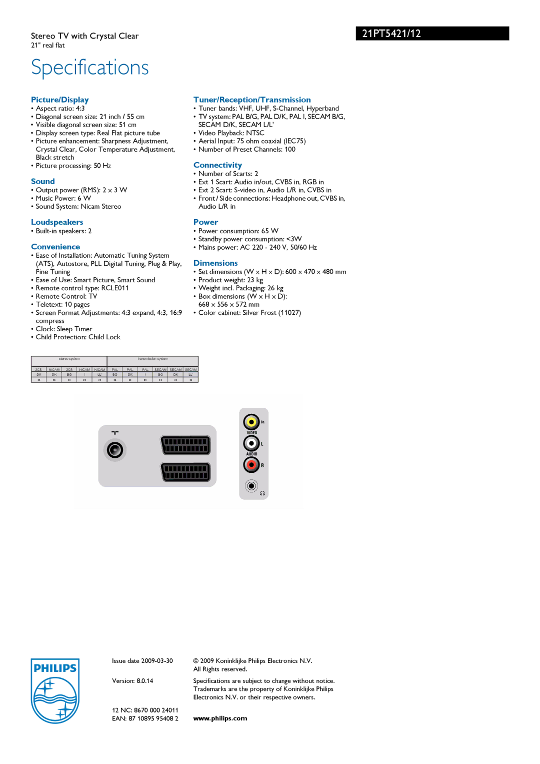 Philips 21PT5421/12 manual Specifications 