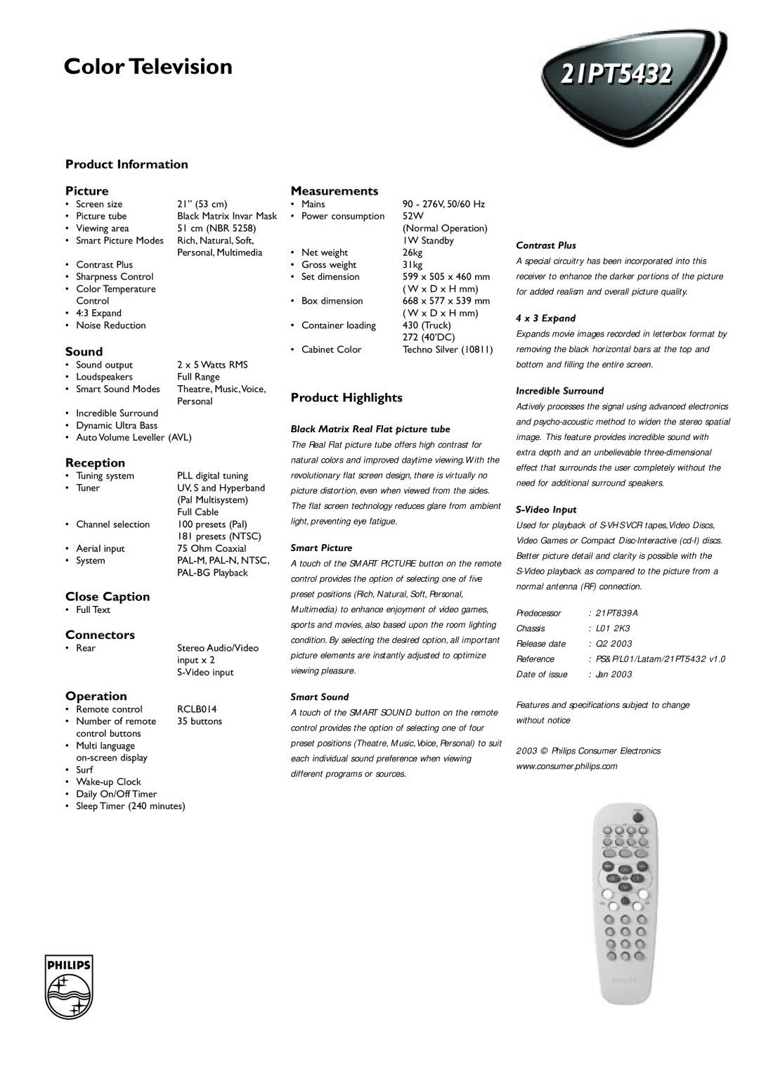 Philips 21PT5432 manual Product Information Picture, Sound, Reception, Close Caption, Connectors, Operation, Measurements 