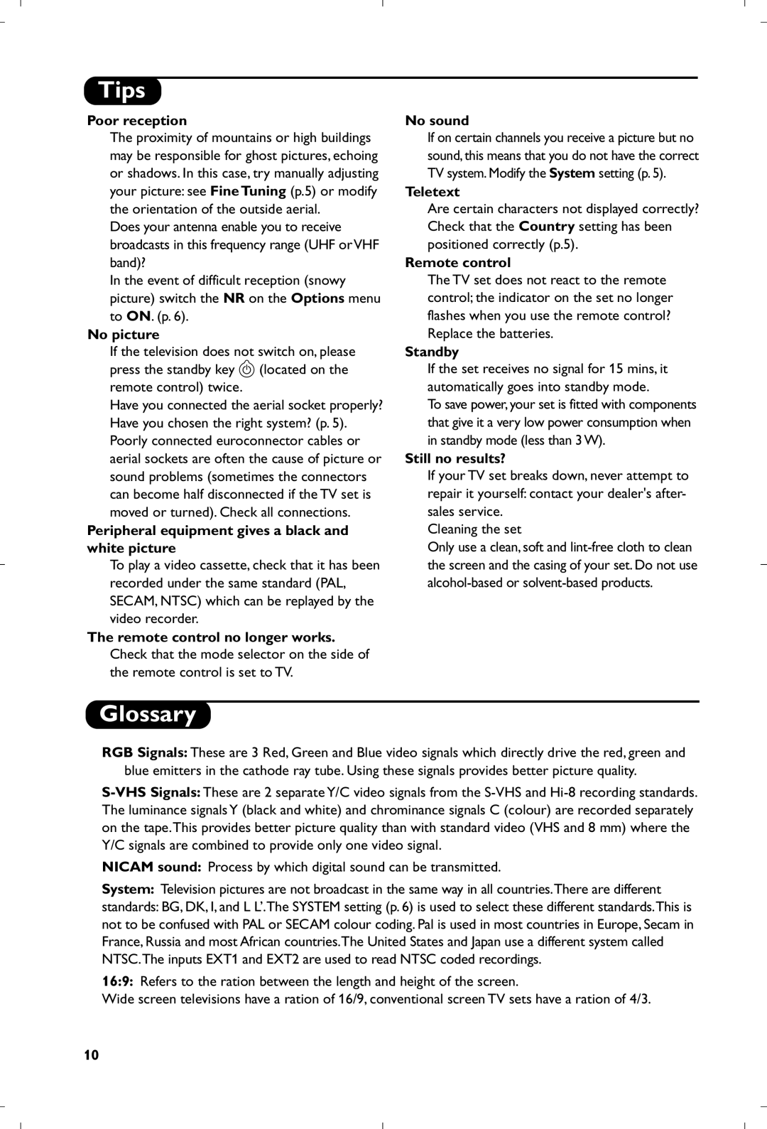 Philips 21PT5518/58 manual Tips, Glossary 