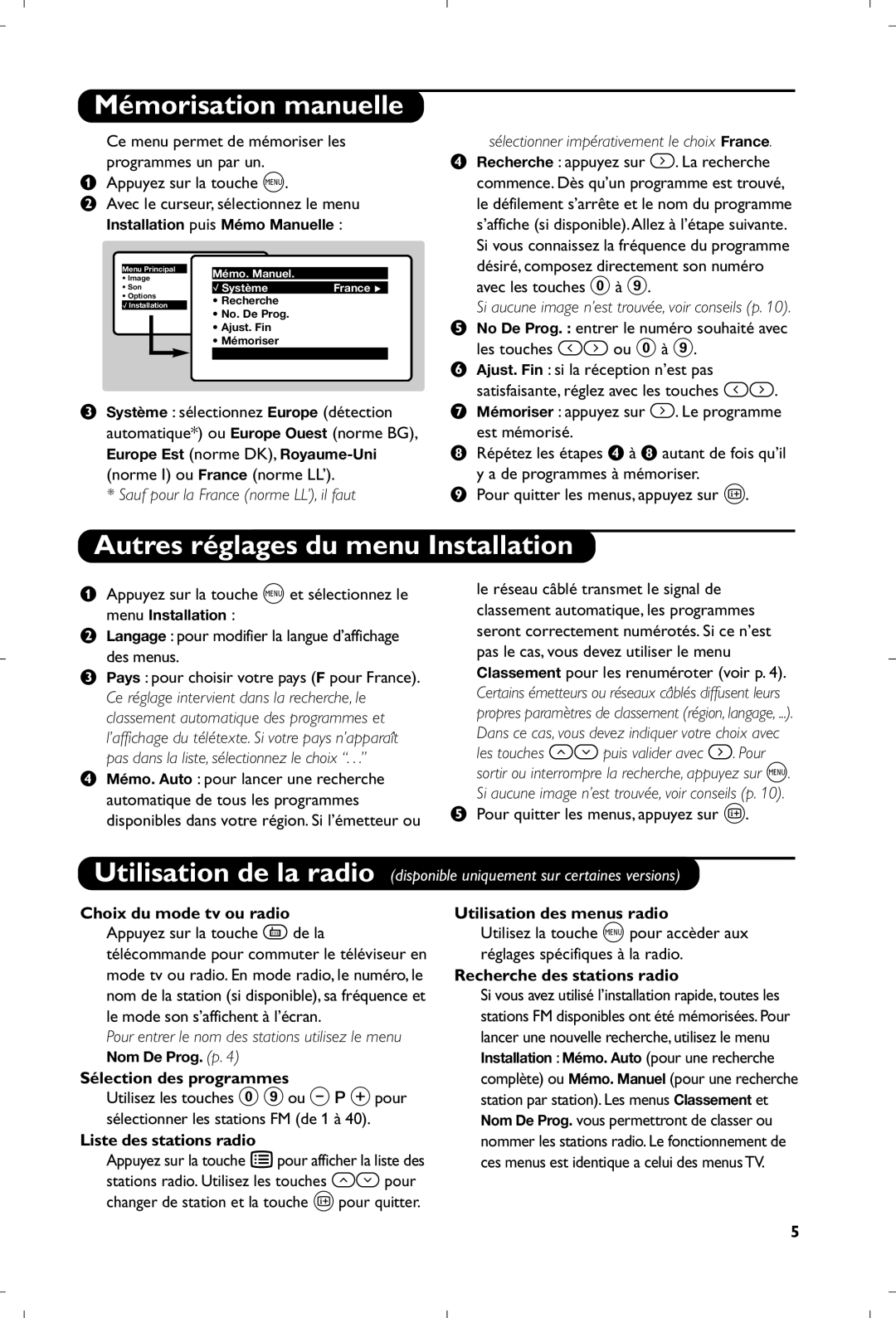 Philips 21PT5518/58 manual Mémorisation manuelle, Autres réglages du menu Installation 