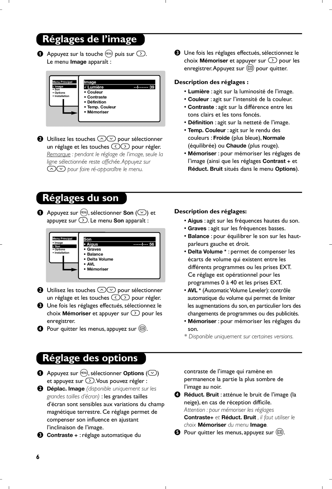 Philips 21PT5518/58 manual Réglages de l’image, Réglages du son, Réglage des options, Description des réglages 