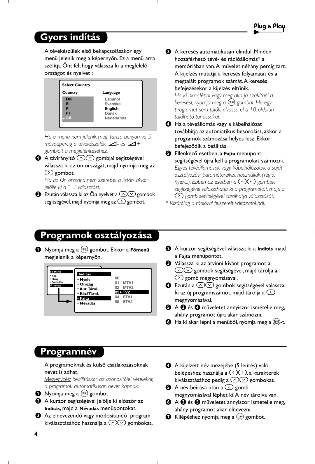 Philips 21PT5518/58 manual Gyors indítás, Programok osztályozása, Programnév 