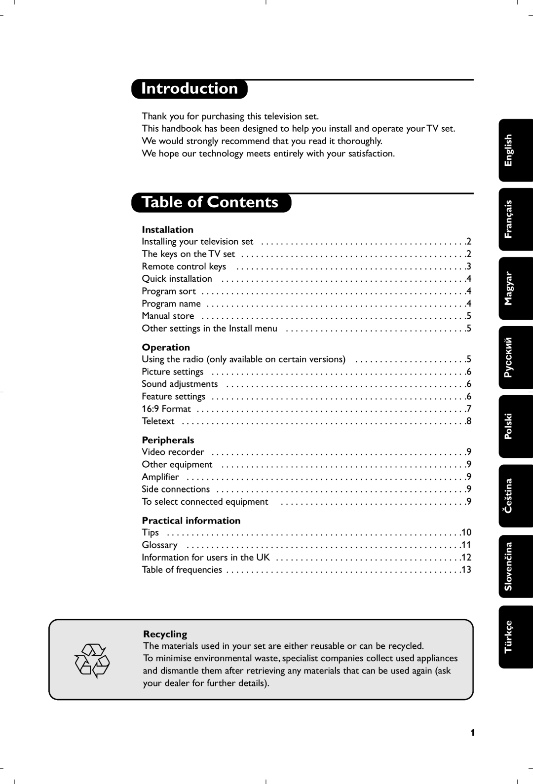 Philips 21PT5518/58 manual Introduction, Table of Contents 